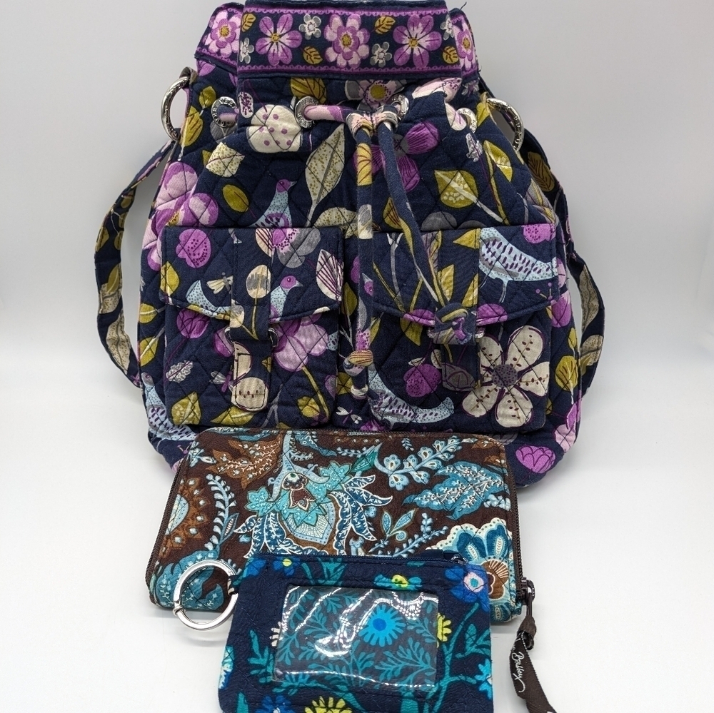 Vera Bradley Blue Purple Brown Floral Bag Wallet Coin Pouch Bundle